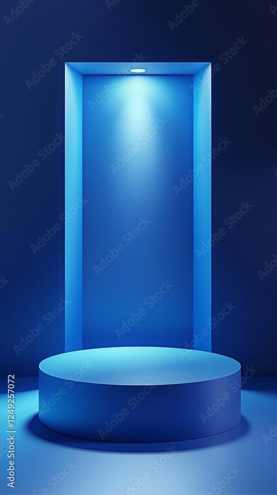 Poster a striking blue podium is illuminated by harsh lighting in a modern showroom. this realistic setup f