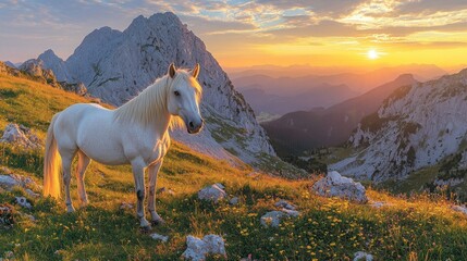 Majestic white horse sunset alpine meadow landscape