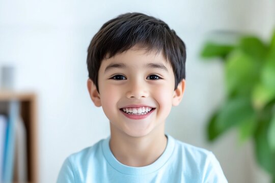 Happy boy portrait indoor, smiling cheerfully, use for child development, education, or general stock image