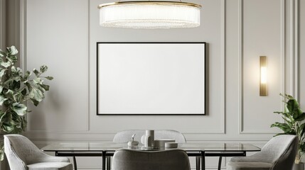 modern dining room interior with large artwork and elegant chand
