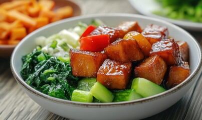 Glazed tofu bowl with vegetables, healthy Asian cuisine, wood background, food blog