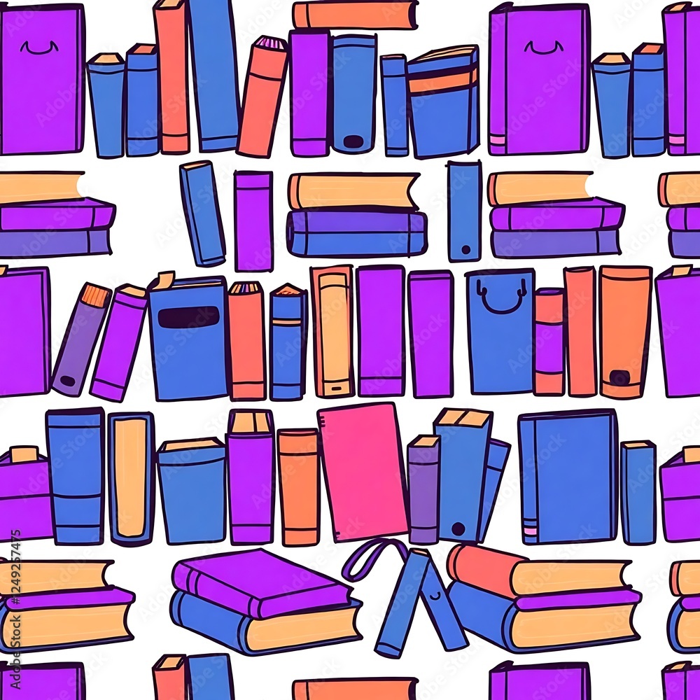 Poster bookworm's delight: a whimsical seamless pattern bursting with colorful stacks of books. this vibran