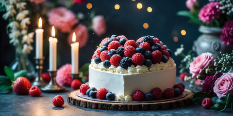 A cake with blueberries and raspberries on top of a wooden board. The cake is cut in half and surrounded by candles. The candles are lit and the cake is placed on a table
