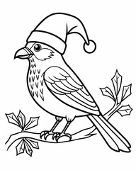 Fototapeta premium Winter mood coloring page. Coloring book with bird sitting on holly branch. Printable coloring page for children.