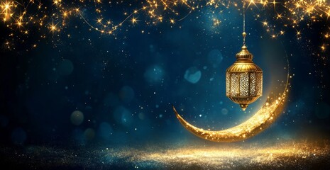 Golden crescent moon lantern night sky sparkle celebration