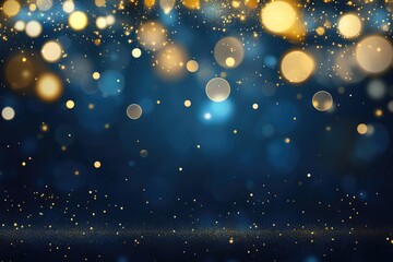 Obraz premium Abstract dark blue and gold particle background with Christmas golden light bokeh, shining particles on navy blue, gold foil texture, festive holiday concept.
