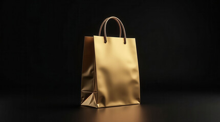 A gold bag is sitting on a black background. The bag is shiny and looks expensive. Concept of luxury and wealth