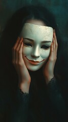 Woman holding mask, reflecting emotions and identity.