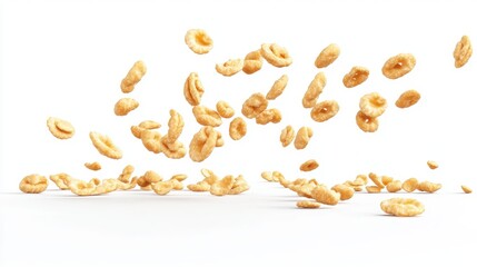Obraz premium Floating Crunchy Snack Pieces in Mid-Air Above a White Background Creating an Exciting Visual Experience