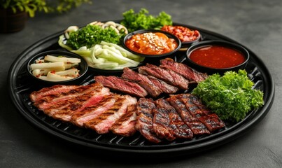 Grilled beef platter with assorted sides, dark background, restaurant food