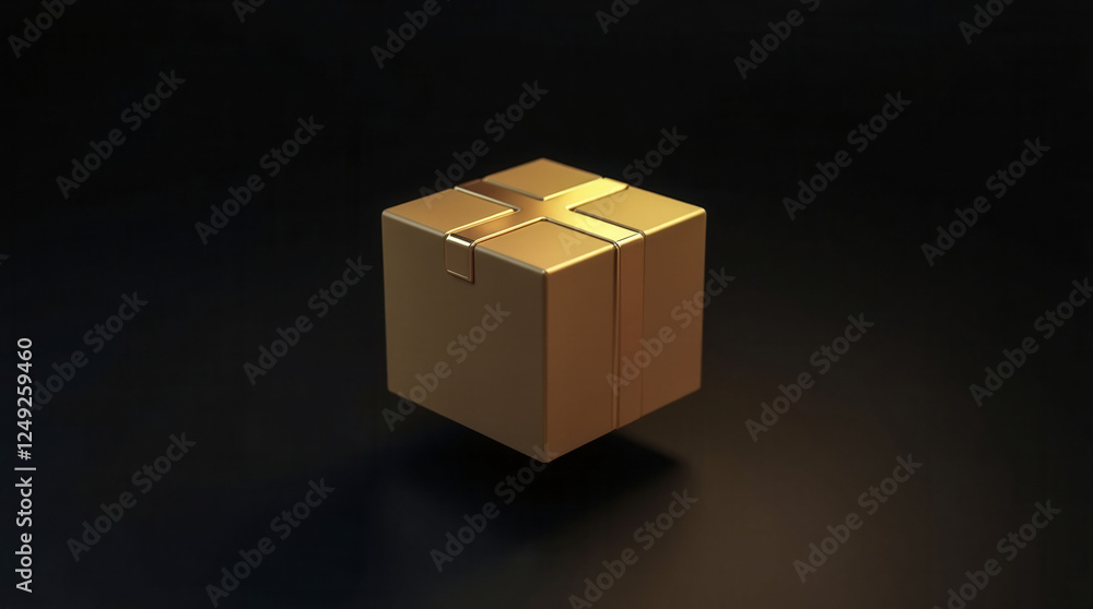 Poster a box with a gold ribbon on it is sitting on a dark background. the box is empty and the ribbon is g