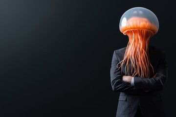 Businessman with jellyfish head presents a unique blend of professionalism and surrealism in a stylish deep gray suit