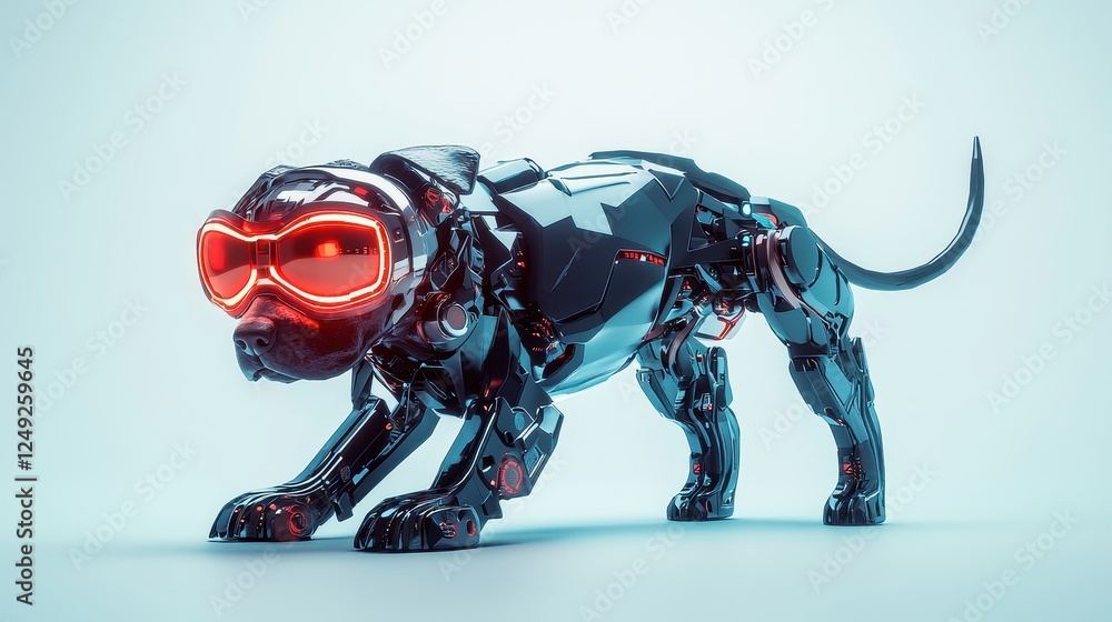 Poster futuristic robotic dog with sleek design and glowing red goggles in a modern setting