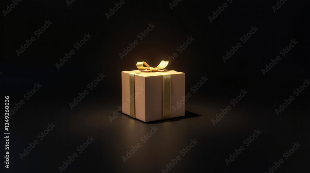 Poster a box with a gold ribbon on it is sitting on a dark background. the box is empty and the ribbon is g