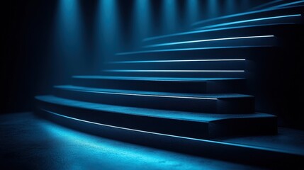 Blue illuminated spiral staircase, dark background, stage
