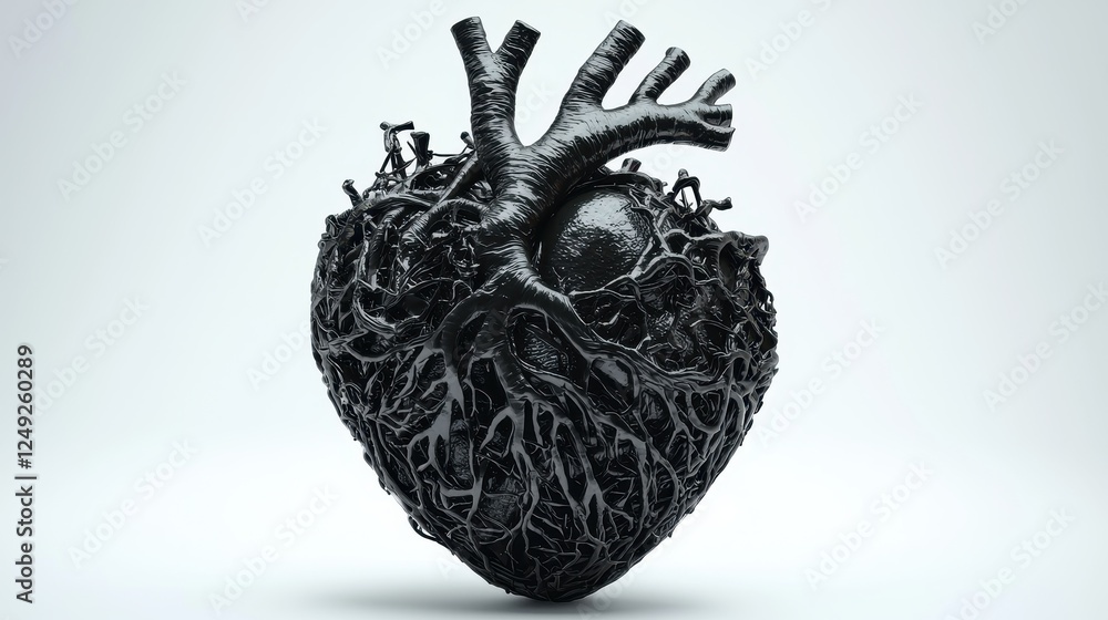 Poster abstract representation of heart with intricate roots and vascular structure in dark tones on a mini