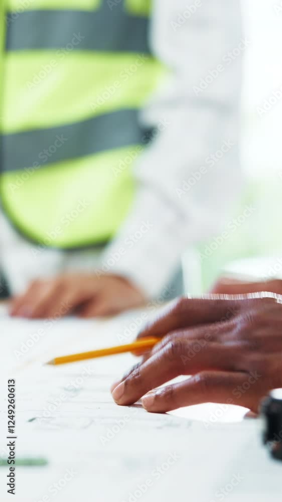 Poster pencil, hands and architect teamwork with blueprint for creative ideas, notes or property developmen