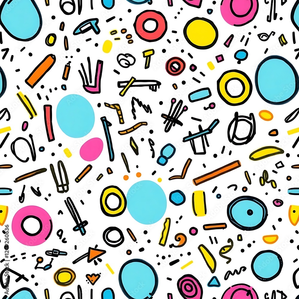 Poster joyful abstract doodle pattern: a vibrant and playful seamless pattern featuring a chaotic yet delig