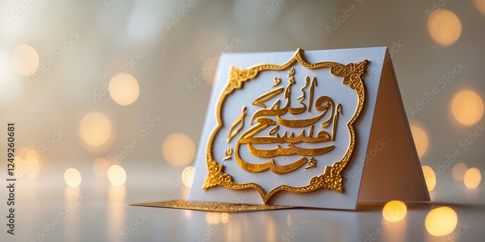 Poster elegant gold calligraphy card displayed on a reflective surface with soft bokeh lights in the backgr