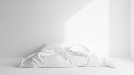 minimalist white bedroom scene with unmade bed