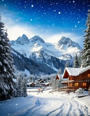 Fototapeta premium Swiss Alps Winter Wedding Invitation Background , featuring snow-capped mountains, cozy wooden chalets, and soft falling snow, with copy space in the middle for text