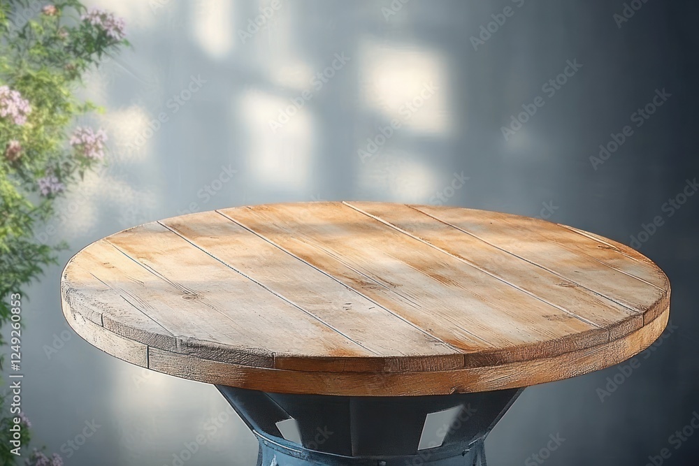 Poster wooden round table with shadows for product display on white background