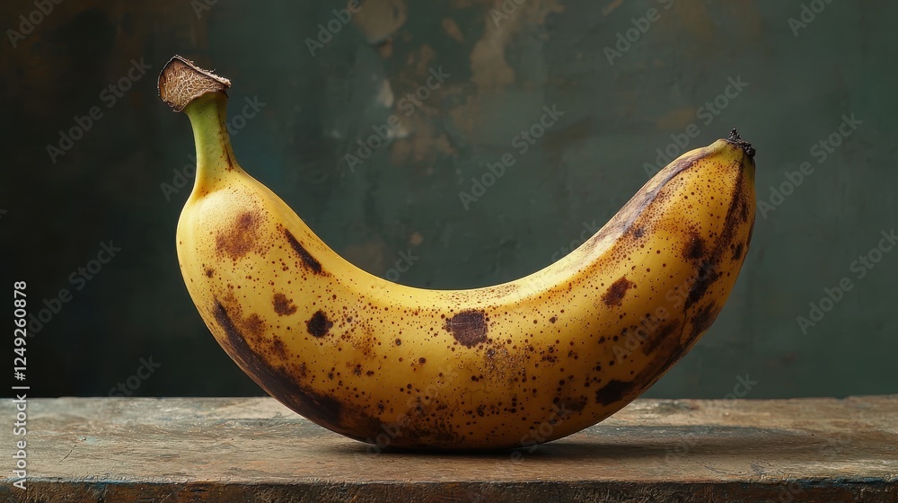 Poster freshly ripe banana on rustic surface with unique texture and color variations ideal for culinary or