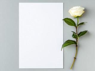Blank wedding invitation with white rose on gray background