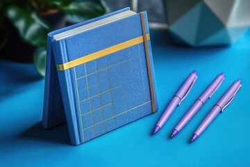 Blue Notebook with Golden Stripe and Purple Pens on Blue Surface