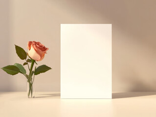 Fototapeta premium Minimalist wedding invitation design with soft rose beside it