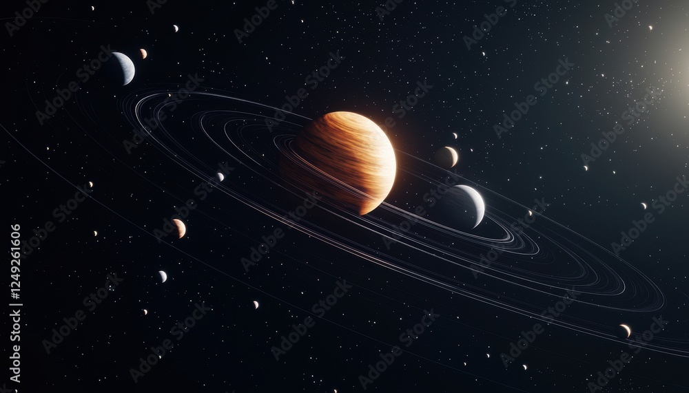 Poster exploring the solar system outer space digital art cosmic environment wide angle astronomy concepts