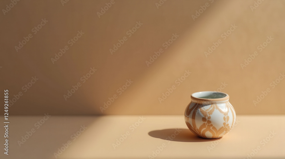 Poster a white and brown vase sits on a table in front of a tan wall. the vase is empty and the table is em