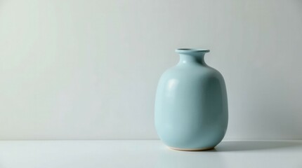A blue vase sits on a white background. The vase is empty and has a simple, clean design. Concept of calm and serenity, as the empty vase stands alone on the white surface