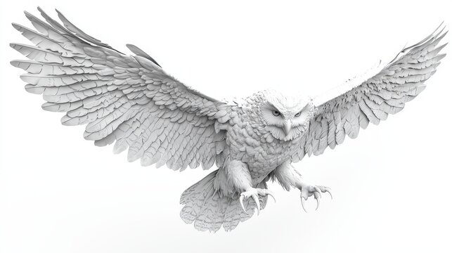 Majestic White Owl in Flight with Outstretched Wings Against a Light Background