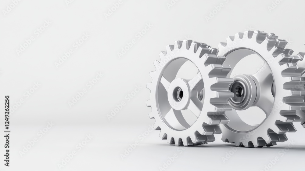 Poster close-up view of two interlocking sleek white gears isolated on a bright background for mechanical d
