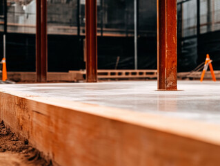 Fresh concrete foundation slab at construction site with steel supports
