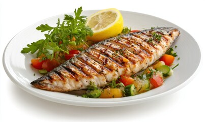 Grilled mackerel with lemon and vegetables on white plate, healthy meal, food photography, recipe illustration