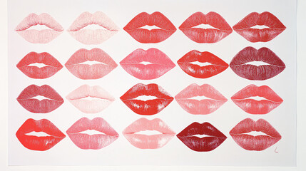 an artistic collection of eighteen lipstick marks in shades of pink and red arranged on a white background creating a modern beauty design
