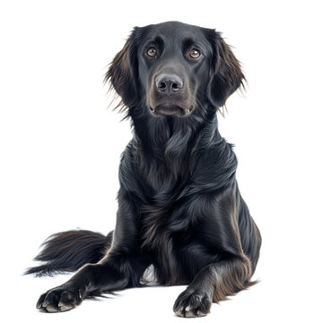 Black Flat-Coated Retriever Dog Sitting on White Background