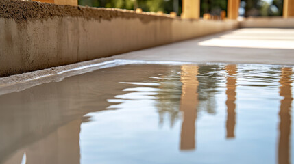 Fresh concrete foundation with smooth surface and reflections