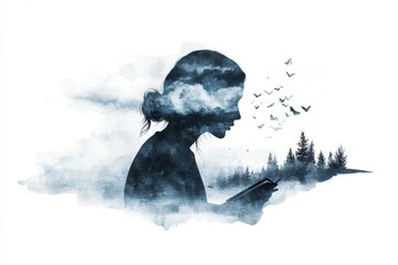 A dreamy watercolor illustration of a novelist lost in thought, surrounded by floating ideas