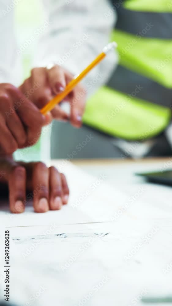 Poster Pencil, hands and architect team with blueprint for building ideas, notes or property development. Project management, paperwork and business people in office planning design, layout or collaboration