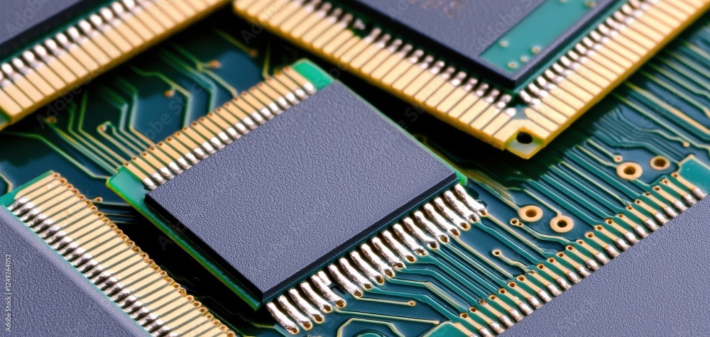 Poster exploring modern technology close-up of microchips and circuit boards in a high-tech environment