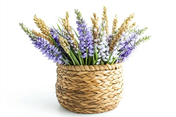 Basket made of water hyacinth decorated with ears of rice isolated on white background 
