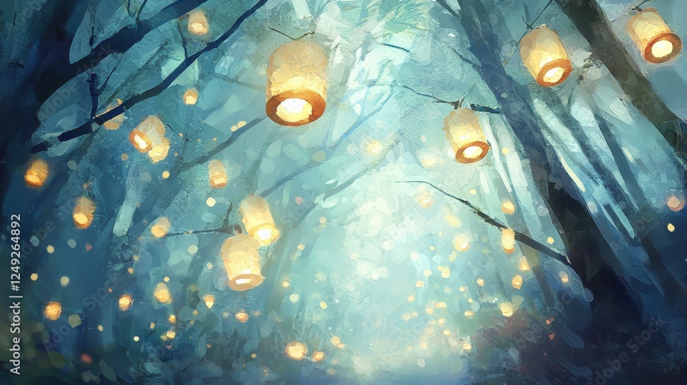 Poster mystical forest path illuminated by floating lanterns in a dreamlike atmosphere