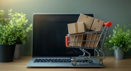 Digital Workspace Shopping Cart with Cardboard Boxes on Laptop on Wooden Table with Natural Light