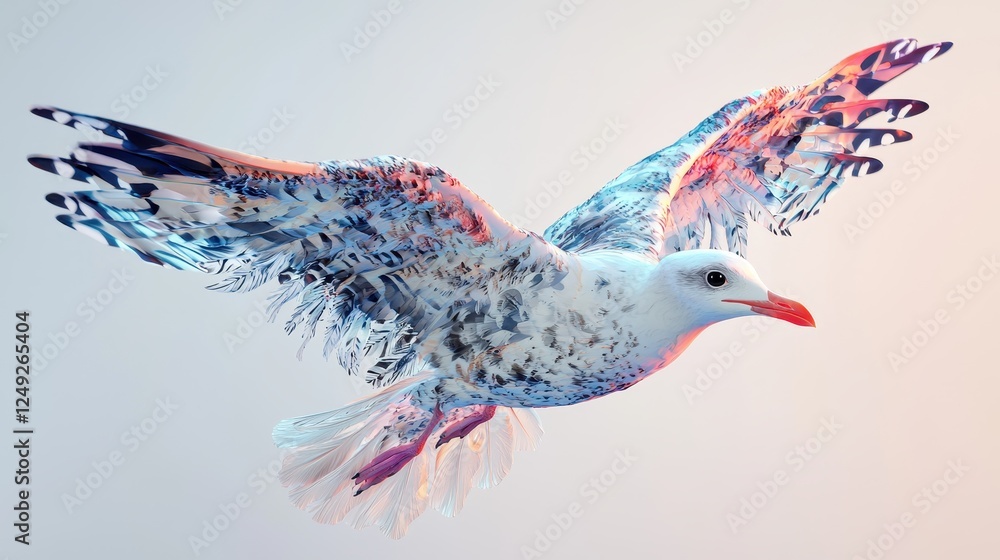 Poster colorful seagull bird in flight with abstract feathers and soft background