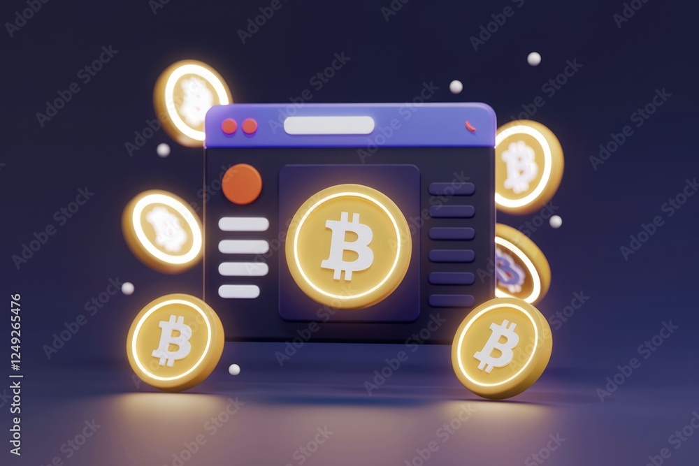 Poster 3D render of a website displaying Bitcoin cryptocurrency, surrounded by glowing coins.