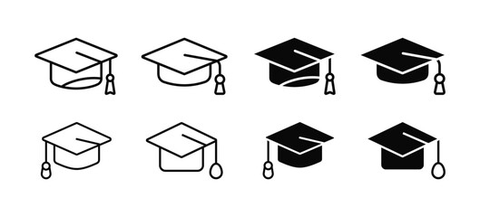 Graduation cap icons set. Outline, solid styles education, academic success icons