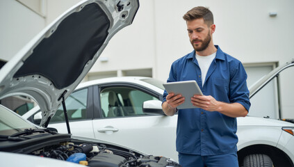an auto mechanic with a tablet in his hands near a car with an open hood